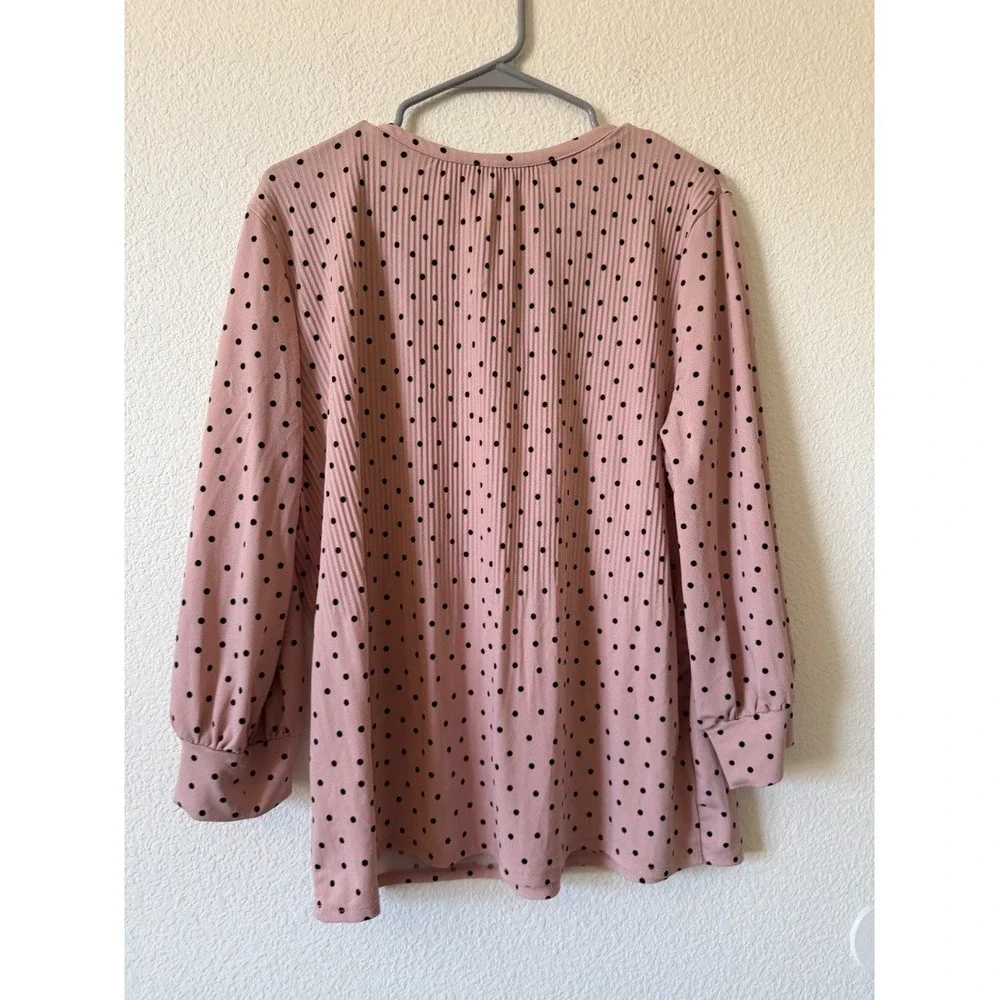 Adrianna Papell Womens Blouse Pink Polka Dot Tie Neck Long Sleeve Top L